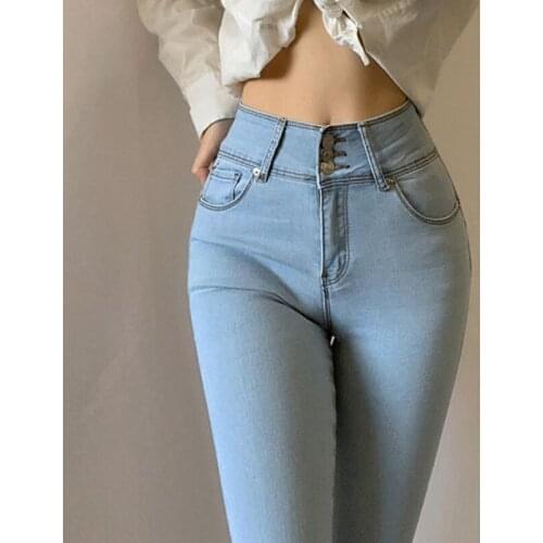 Wenfly Women England Stretch Jeans Button High Waist Elastic Cotton Denim Pencil Female Casual Pants Trousers Plus Size