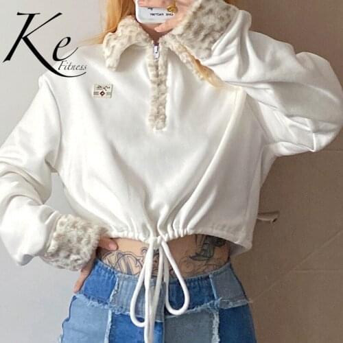 KE New Winter 2020 autumn womens pure color plus fluffy collar waist and navel loose loose white sweater women jacket woman
