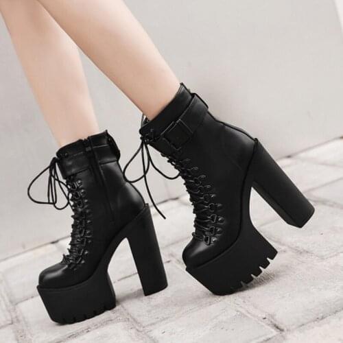2021 Spring Short Boots For Women Round Toe Lace-Up Gothic Style Black Female Shoes Thick High Heels Plaform Ladies Boots