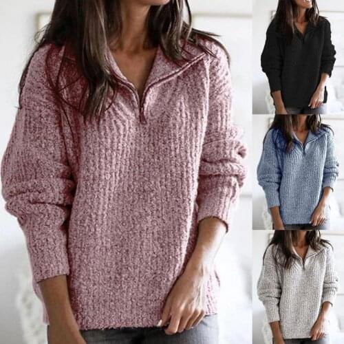 2021 New Sweater Zipper Solid Color Knitted Pullover Large Size Lady Sweater for Autumn