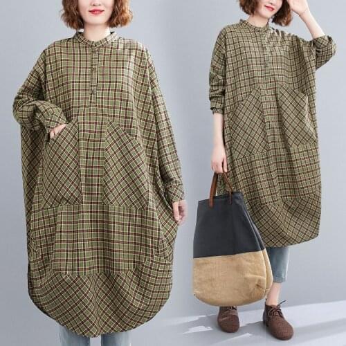 Korean Plaid Buttons Shirt Vestidos Big Pocket Dress 2021 New Summer Women High Waist Casual Loose Dresses Streetwear