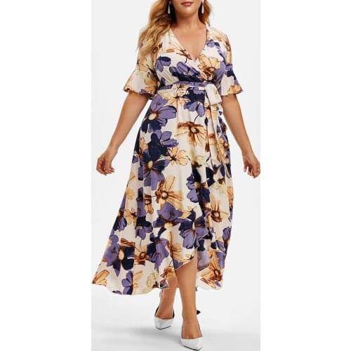 2021 Fashion Summer Beach Dress Women V Neck Short Sleeve Floral Print Ruffles Boho Dress Plus Size Maxi Long Dresses