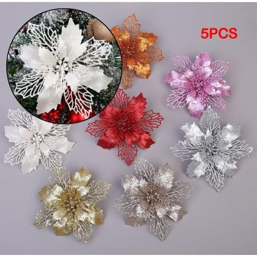 5PCS Artificial Christmas Flowers Plants Glitter Fake Flower Merry Christmas Tree Decorations For Party Home Gift Ornament