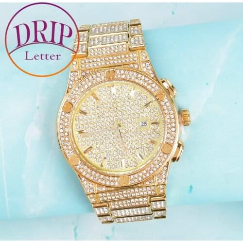 Gold Color Luxury Round Big Rhinestone Mens Watch Business Waterproof Wrist Watches