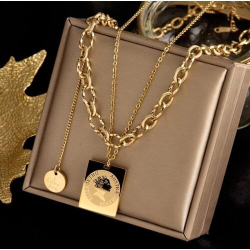 316L stainless steel double layer necklace niche design square brand beauty head clavicle chain cold wind stacked sweater chain