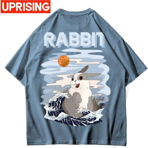 Hip Hop Streetwear Tshirt Men Cute Rabbit Letter Printed T-Shirt Harajuku Cotton Spring Summer Short Sleeve Tops Tees Black
