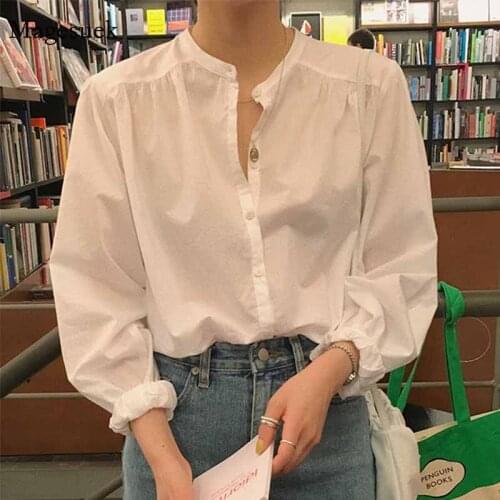 Korean Style Loose Puff Sleeve O-neck White Shirt Female 2020 New Spring Autumn Cardigan Casual Blouse Women Splicing Tops 12289