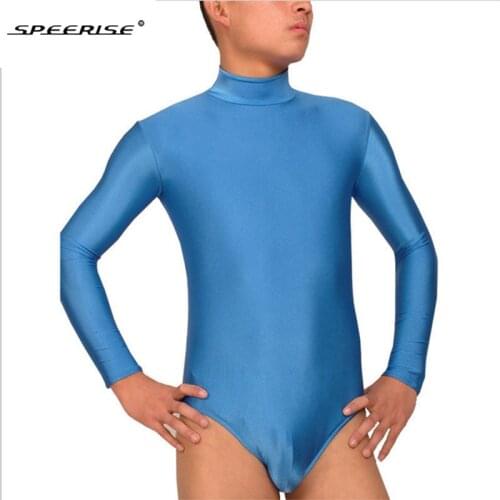 Adult Spandex Mock Neck Leotard Mens Long Sleeve Short Unitard Bodysuit Dance Costumes Men Zipper Back Body Suit Dancewear