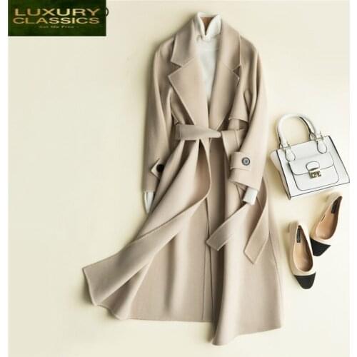 Wool Jackets Womens 100% Winter Clothing Cashmere Coat Female Autumn Spring Long Belt Abrigos Mujer Invierno 2021 LWL1301