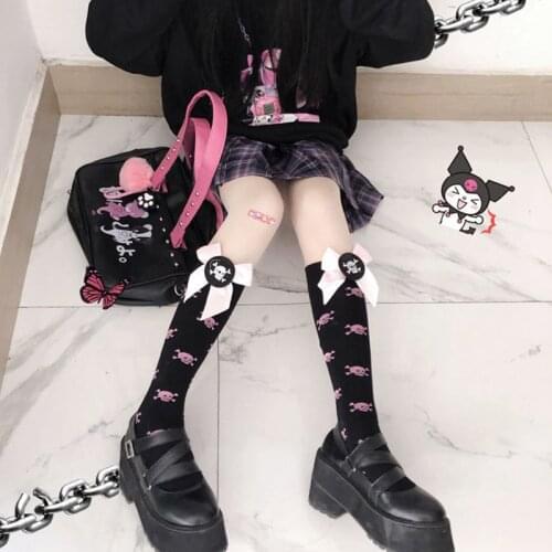 Summer Lolita Shank Socks Punk Skull Pattern Womens Medium Stockings Cute Sweet Hottie Knee-High Bow Middle Tube Hosiery