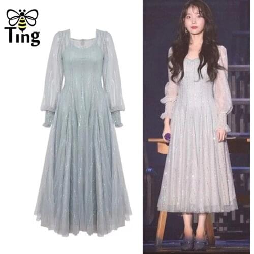 Tingfly Sweet Soft Girl Summer Mesh Glitter Sequined A Line Midi Dress Elegant Fashion Street Chic Birthday Night Dress Vestidos