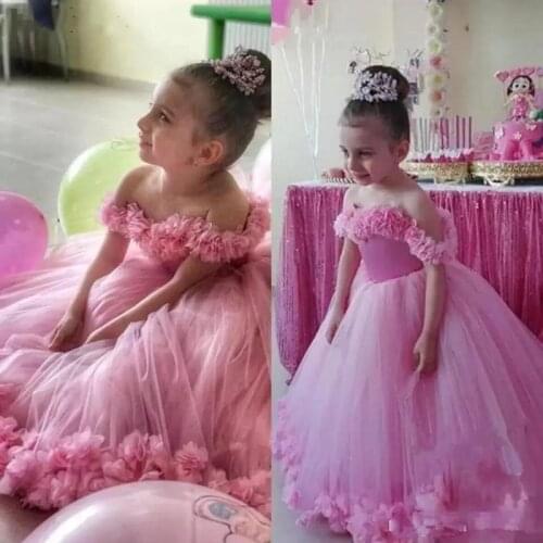 Lovely Pink Princess Flower Girls Dresses Off Shoulder Tulle Hand Made Flowers Floor Length Birthday Child Girl Pageant Gowns