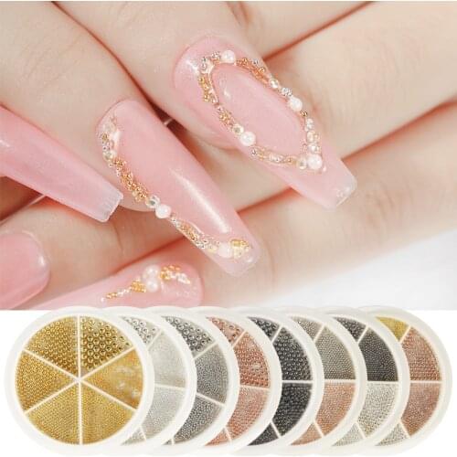1wheel 8 Colors Mixed Size Steel Micro Beads 3D Nail Art Decoration 6Grids/wheel Glitter Caviar Beads For Craft Nail Accessories