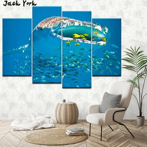 Canvas Painting Amazing sharks and small fish 4 Pieces Wall Art Painting Modular Wallpapers Poster Print living room Home Decor