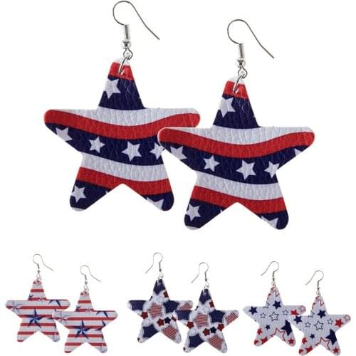 2021 New European and American Leather Earrings PU Leather Independence Day Water Drop Flag Five-pointed Star Earrings