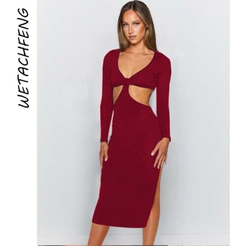 Midi Dress Y2k Fashion Autumn Long Sleeve Backless Sexy Bodycon Hollow Out Women Dresses Party Club Holiday Robe Female Clothes