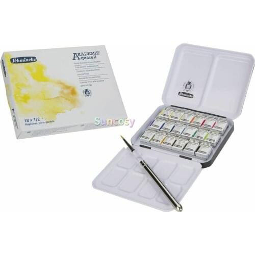 SCHMINCKE Akademie Watercolor Ltd Edtn 18 Half Pans Travel Set W/ Paint Brush, Water Color Paint Set ,75741 Pigments