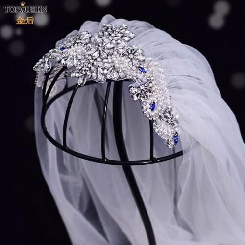 TOPQUEEN VS487 Bridal Veils with Pearls and Rhinestones Sparking Wedding Veils with Lace and Beading Bridal Veils and Headpieces