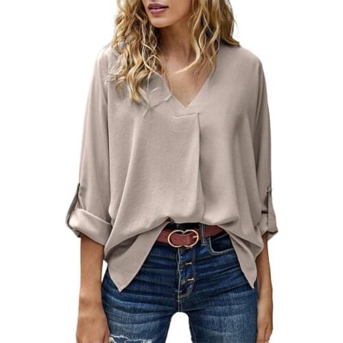 Women Office Shirt Solid Color V Neck 3/4 Sleeve Pleated Split Hem Loose Tees Casual Tops Stylish Comfortable Streetwear Autumn