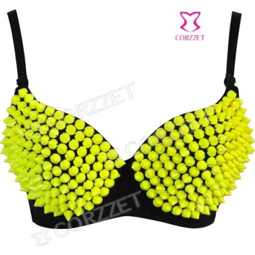 Fancy Women Sexy Yellow Plastic Gathers Punk Spike Studs Rivet Bra Bralet Clubwear B CUP Nightclub Party Dance Wear ForGirl Lady