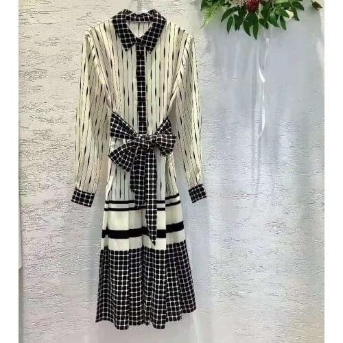 High Quality New Long Shirt Dress 2021 Autumn Women Turn-down Collar Striped Print Bow Deco Long Sleeve Casual Cotton Dress