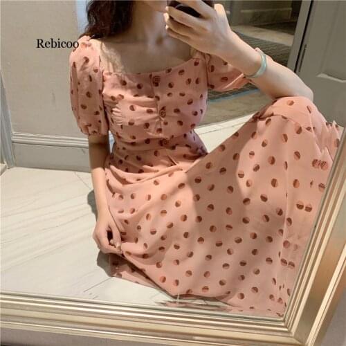 Mid Length Slim Waist A Line Robe Polka Dot Clothes Spring Summer Tops Short Sleeve Dress Women Chiffon Vestido