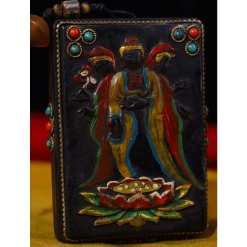 3"Tibet Temple Collection Old Natural horns Filigree mosaic Gem Dzi Bead Three-faced Buddha Sakyamuni Guanyin Amulet Pendant