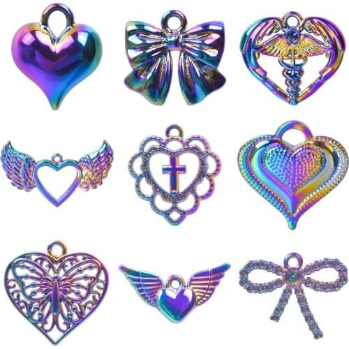 5Pcs Rainbow Color Heart Shaped Angel Wings Charms Religion Cross Butterfly Pendant For Necklaces Earrings Lover Gift Jewelry