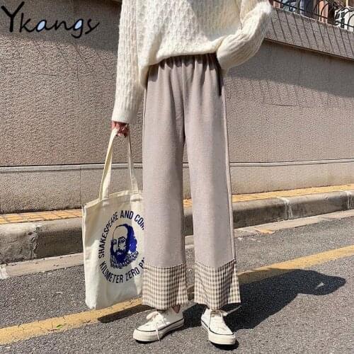 High Waist Trousers Women Woolen Pants 2020 Autumn Winter New Female Thick Wide Leg Pants Plaid Cuffs Pantalon Casual