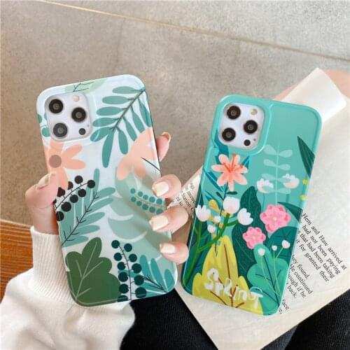 Green leaf flowers illustration phone case for iphone xr xs x 11 12 Pro max 8 7 Plus women photo frame silicone protective cover