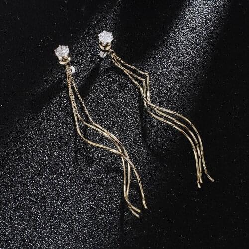 Gold Color Cubic Zirconia Long Tessel Drop Earring Silver Needle Curves Artful Pendant Earring for Woman Girl Party Jewelry