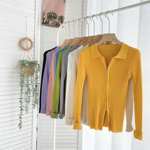 Korean Chic Double-Headed Zipper Knitwear Tops Womens Autumn Solid Cardigan Sweater Long Sleeve All-Match Short Knitting Shirt