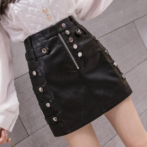 Leather skirt female bag hip sexy autumn and winter 2020 new high waist a-line short black slim buttons shorts women