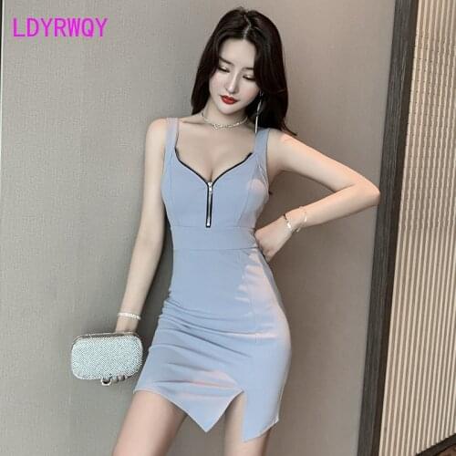 LDYRWQY Nightclub womens low-neck slim-fit bag hip split sexy dress summer Sheath Office Lady Knee-Length
