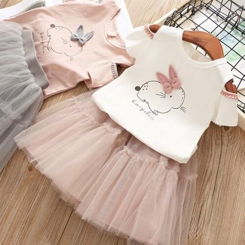 Summer 2pcs Kid Baby Girl Clothes Sets 2-7Y Pink Rabbit Off Shoulder Crop Top Vest Lace Tutu Skirts Outfit Set Clothes Suit