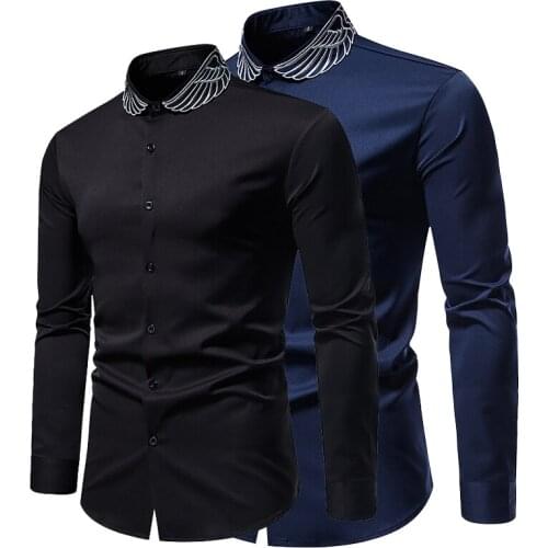 High Quality Mens Fashion Embroidered Long Sleeve Shirt Lapel Button Button Business Formal Shirt