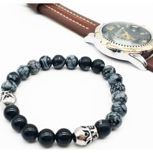 Wholesale men Natural snowflake stone Beads Bracelet mens stainless steel skull Bracelets jewelry 50pcs/lot+free shipping