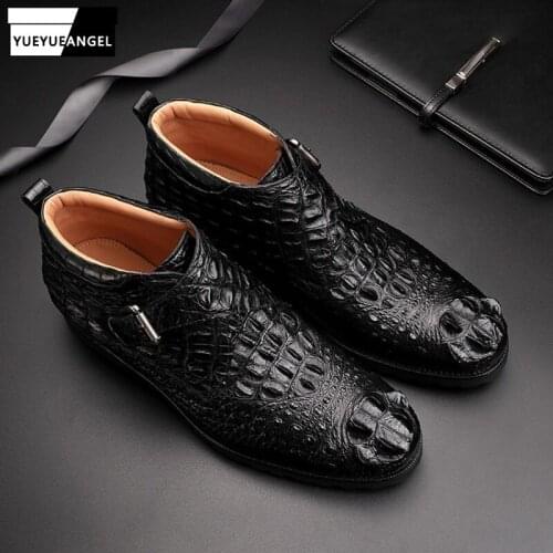 Luxury Alligator Genuine Leather Formal Business Men Ankle Boots Buckle Round Toe Thick Bottom Solid Party Wear Male Dress Shoes