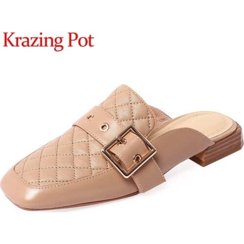 Krazing pot new genuine leather square toe daily wear metal fasteners simple style slip on mules outside slipper shoes women L16