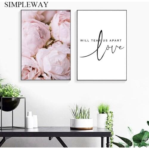 Pink Peony Flower Poster Nordic Wall Art Botanical Print Love Quotes Canvas Simple Painting Picture for Living Room Decoration