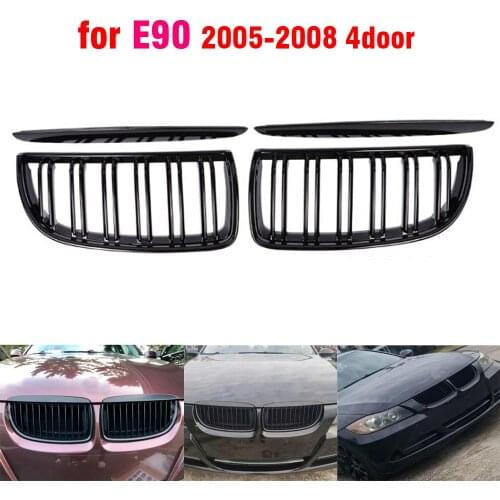 1Pair Front Gloss Matt Carbon Black 2 Line Double Slat Kidney Grille Grill For BMW E90 E91 4 Door 2005 2005 2007 2008