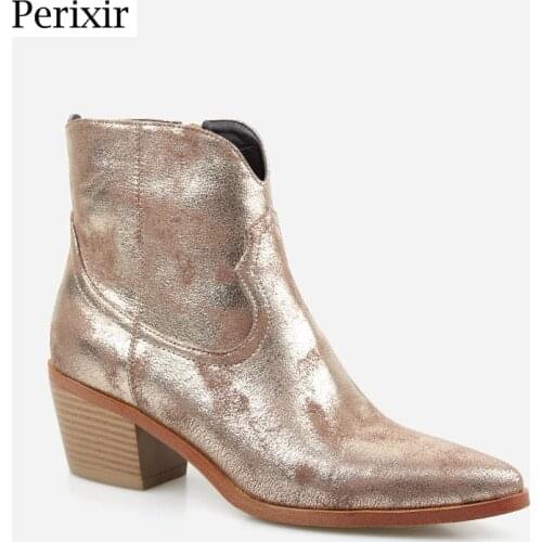 Perixir New Fashion Womens High-heeled Retro Square Heel boots Zipper Concise Pointed Toe Woman Boot Golden Shoes Winter 2020