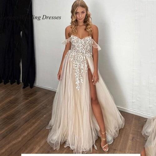 Verngo Beach Wedding Dress Sexy Side Slit Wedding Gowns Lace Applique Tulle Bride Dress Off Shoulder Long Dress 2020 Vestidos