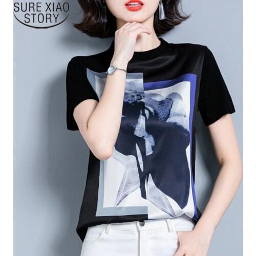 Silk Women Blouses Short Sleeve Summer 2021 New Fashion Print Shirt O-Neck Womens Tops and Blouses Plus Size Loose Clothes 10158