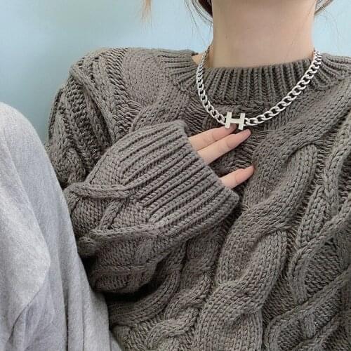 SRCOI Retro H Letter Short Chokers Silver Color Stainless Steel Chunky Thick Link Chain Necklace Women Name Jewelry Party Gifts