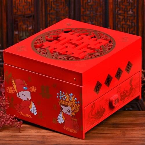 Bride married vintage solid wood jewelry box red creative personality makeup box womens dowry supplies