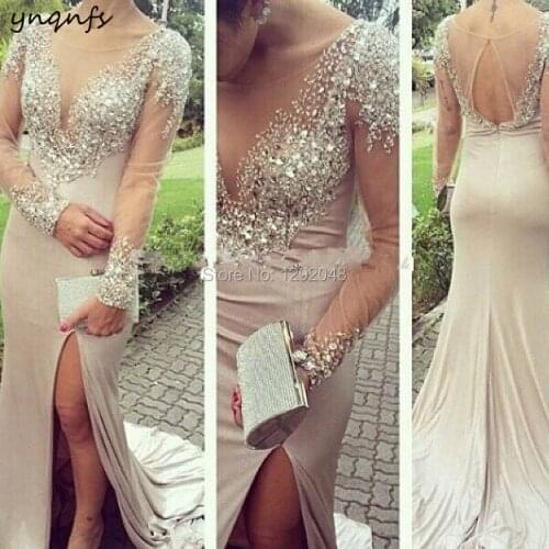 YNQNFS ED253 Illusion Sexy Crystal Long Dresses Evening High Slit Backless Party Gown Mother Womens prom dresses