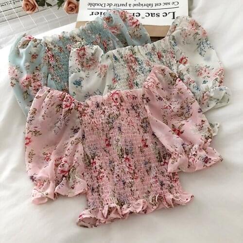 Vintage Floral Print Chiffon Blouse Women 2021 Summer Sweet Shirt Fashion Korean Slim Slash Neck Puffs Sleeve Ladies Crop Top