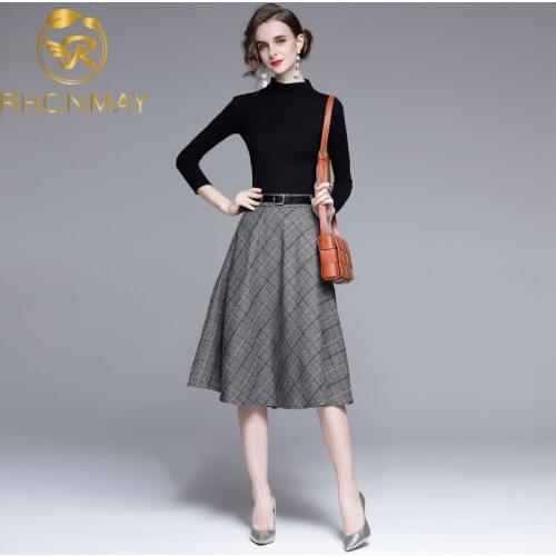 Elegant Women Sweater Top and Plaid Skirt 2 Piece Set 2020 New fashion Autumn Winter O-Neck Knitted Top+ Plaid Lady Skirt Set