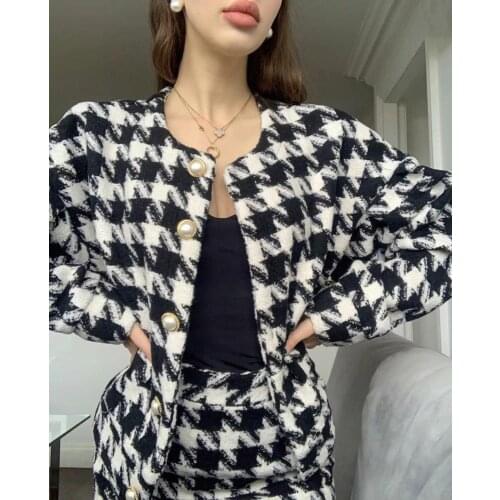 Vintage High Waist Mini Short Skirts Long Sleeve Suitssweet Women Pearl Button Black Check Gingham Plaid Blazer 2 Pieces Set